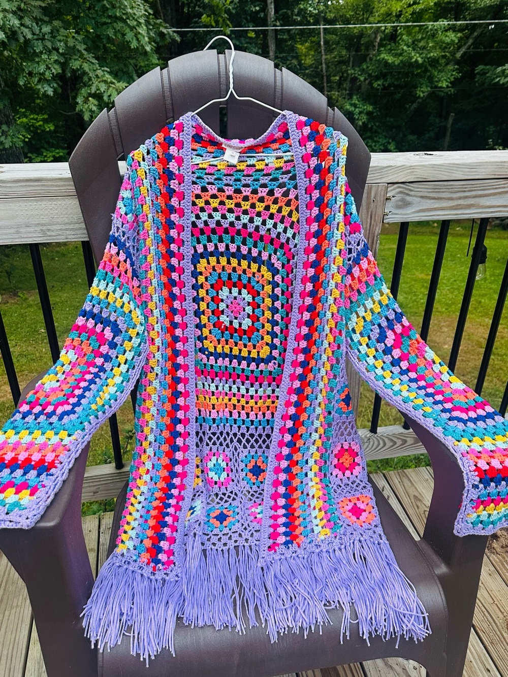 Lovesense Boho Crochet Fringe Cardigan Sweater - Multicolor-Size M